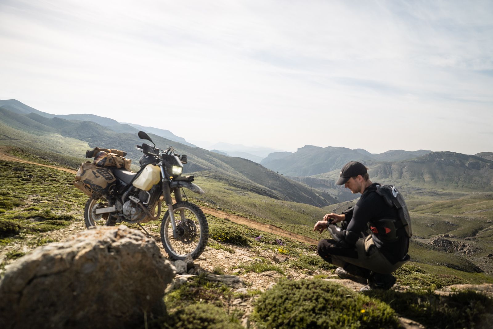Alone with the DR650 on a remote Trans Euro Trail track high in the Turkish mountains